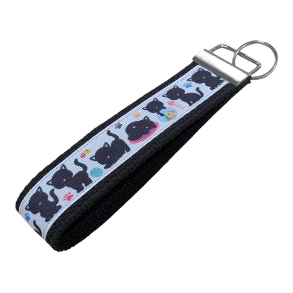 Kitten Keychain Wristlet Handmade Fabric Key FOB Sweet‎ 16 Black Cats Yarn Fish